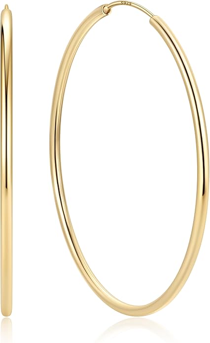 ChicSilver Hypoallergenic 925 Sterling Silver Hoop Earrings for Women, Lightweight Large Gold Plated Hoop Earrings, Endless Hoops Earring 20/30/40/50/60/70MM