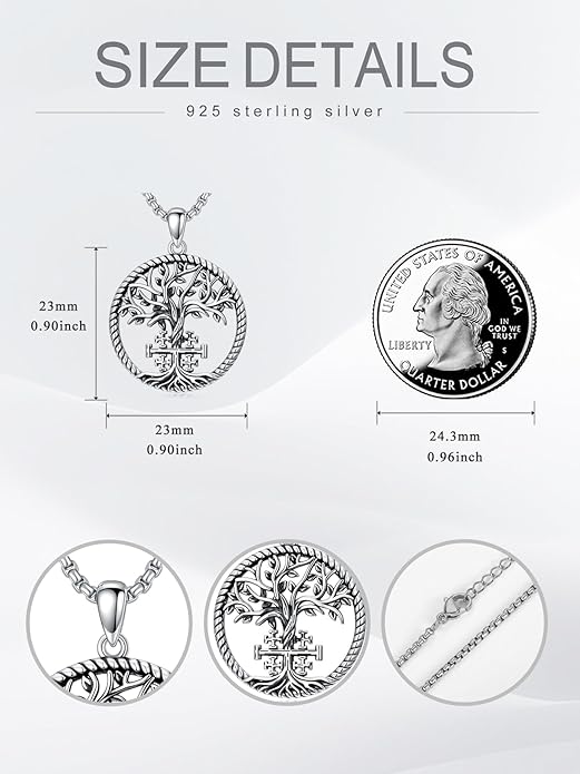 Dorunmo Christmas Gift Tree of Life Jerusalem Cross Necklace 925 Sterling Silver Vintage Celtic Tree Pendant Necklaces for Women Men Christian Faith Jewelry Spiritual Protection Amulet Xmas Jewelry Stocking Stuffers