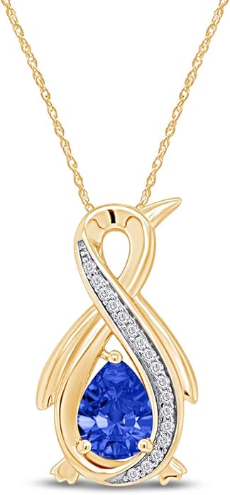 Infinity Penguin Pendant Necklace for Women, 14K Gold Over Sterling Silver with Pear & Round Cut Simulated Birthstone & White Diamond Accents, Dainty Animal Jewelry Gift with 18" Chain