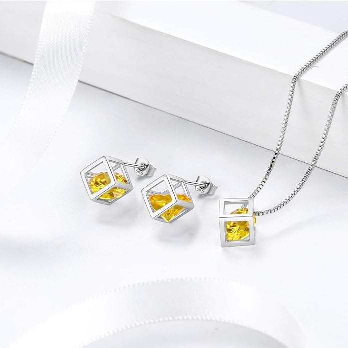 Aurora Tears Birthstone Necklace/Earring 925 Sterling Silver Women Cross/3D Cube/Cresent Moon Birth Stone Jewelry Mens Birthday Gift Anniversary Present