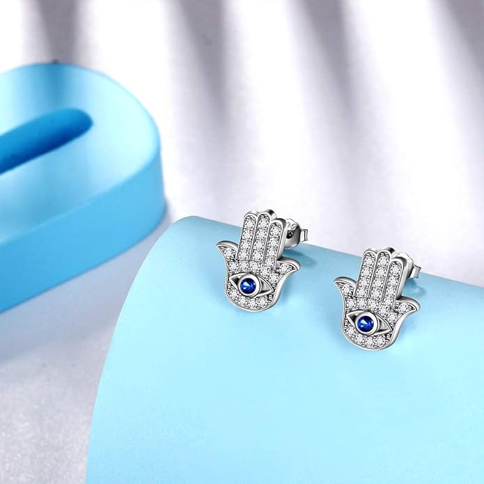 Evil Eye Necklace Evil Eye Hamsa Hand of Fatima Necklace 925 Sterling Silver Fine Jewelry Gifts for Womens White Blue CZ Third Eye Stud Earrings Turkish Eye Ring Hamsa Hand Jewelry Set Gifts Valentine Day Chrismtas Gifts