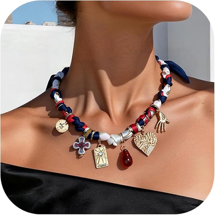 Coiris Charm Scarf Necklace for Women Boho Fabric Bandana Choker Vintage Heart Predent Beach Necklace for Women