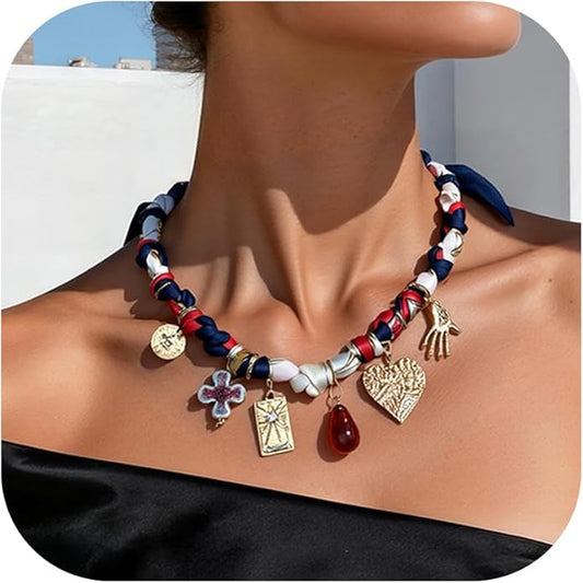 Coiris Charm Scarf Necklace for Women Boho Fabric Bandana Choker Vintage Heart Predent Beach Necklace for Women