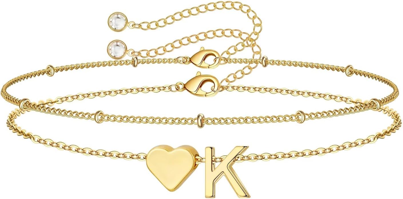M MOOHAM Christmas Gifts for Grandkids Teens Girls -14K-Gold-Plated Heart Initial Bracelets for Women Girl Dainty Gold Bracelets Birthday Gift Stocking Stuffers for Women Teenage Girls Kids Gifts