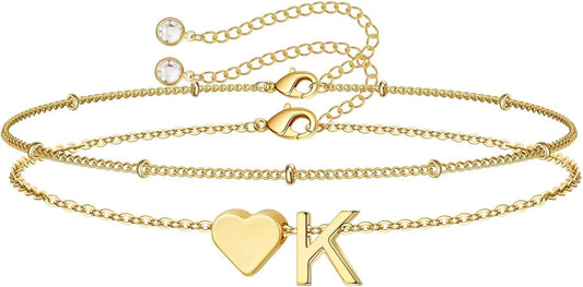 M MOOHAM Christmas Gifts for Grandkids Teens Girls -14K-Gold-Plated Heart Initial Bracelets for Women Girl Dainty Gold Bracelets Birthday Gift Stocking Stuffers for Women Teenage Girls Kids Gifts
