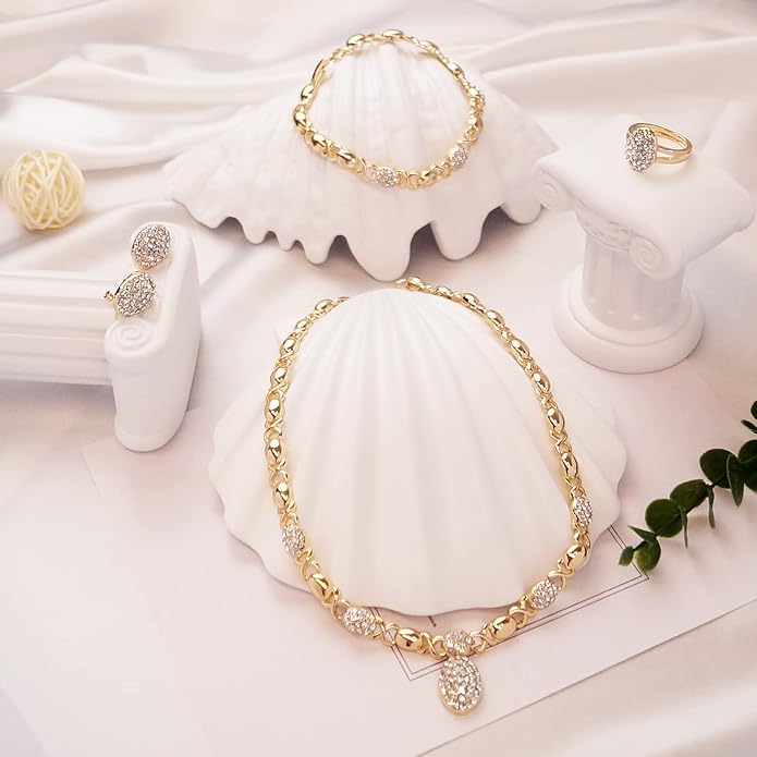 Gold Jewelry Sets for Women 18K Gold/Silver Filled Jewelry Necklace Set Wedding Bridal Fashion Jewelry Sets Women Accessories Bracelets Earrings and Rings Sweetheart Gifts