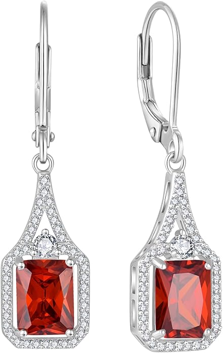 Emerald Cut Dangle Drop Earrings 925 Sterling Silver Halo Rectangular Leverback Earrings Birthstone Jewelry for Women