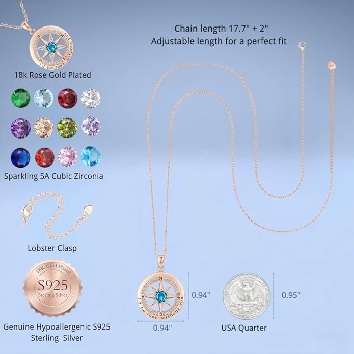 Compass Necklace for Women Wife Girlfriend Mom Daughter Gifts S925 Silver Jewelry For Anniversary Rose Gold Gifts For Birthday Christmas Mothers Valentines Day 12 Birthstones