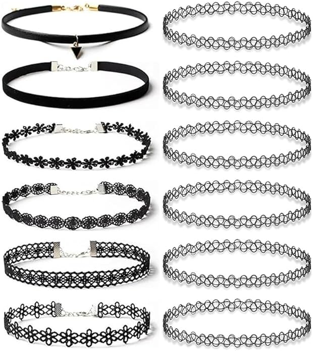BodyJ4You 12PC Tattoo Choker Necklace - 90s Accessories 2000s Jewelry Y2K Fashion Vintage Trendy - Rainbow Goth Black Pink Green Blue White - Adjustable Stretchy Elastic Necklace Summer Vacation Set
