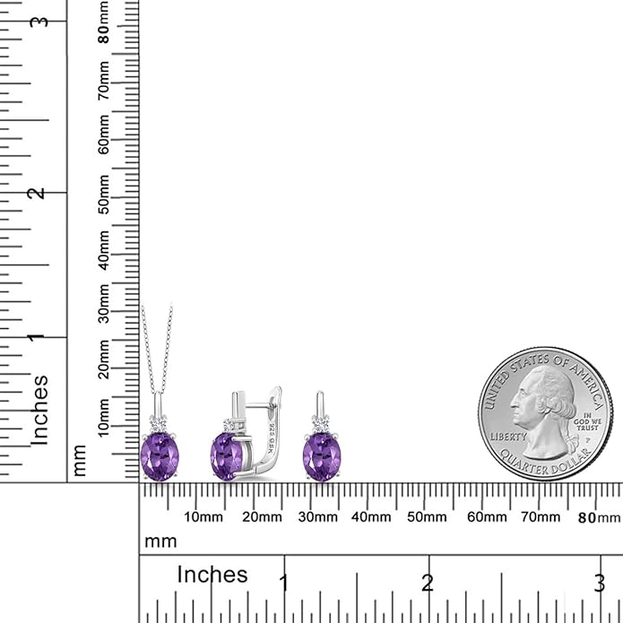 Gemstone Birthstone and White Created Sapphire Pendant and Earrings Jewelry Set for Women in 925 Sterling Silver | Oval 8X6MM and Round 2.5MM | With 18 Inch Chain | Fine Jewelry for Her Mom Women Wife