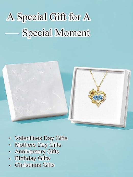 Sunflower Heart Necklace for Women 14K Gold Exquisite Anniversary Birthday Gifts for Wife Mother Her Double Birthstone Pendant jewelry‘You Are My Sunshine’