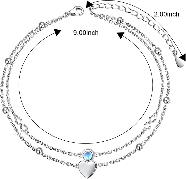 FLYOW Anklet for Women S925 Sterling Silver Adjustable Foot Beaded Heart Charm Ankle Bracelet Anklets Jewelry