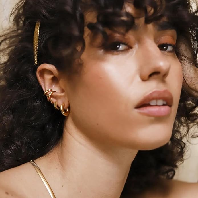 8YEARS Chunky Gold Hoop Earring for Women, 18K Gold Plated Lightweight Thick Hoops, Hypoallergenic Trendy Jewelry for Gift