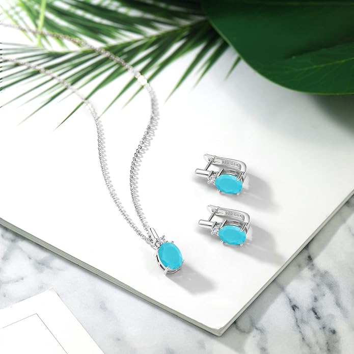 Gemstone Birthstone and White Created Sapphire Pendant and Earrings Jewelry Set for Women in 925 Sterling Silver | Oval 8X6MM and Round 2.5MM | With 18 Inch Chain | Fine Jewelry for Her Mom Women Wife