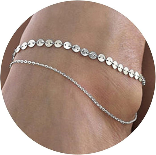Pencros Dainty Layered Anklet,14K Gold Filled Cute Beads Satellite Chain Heart Boho Adjustable Anklets for Women