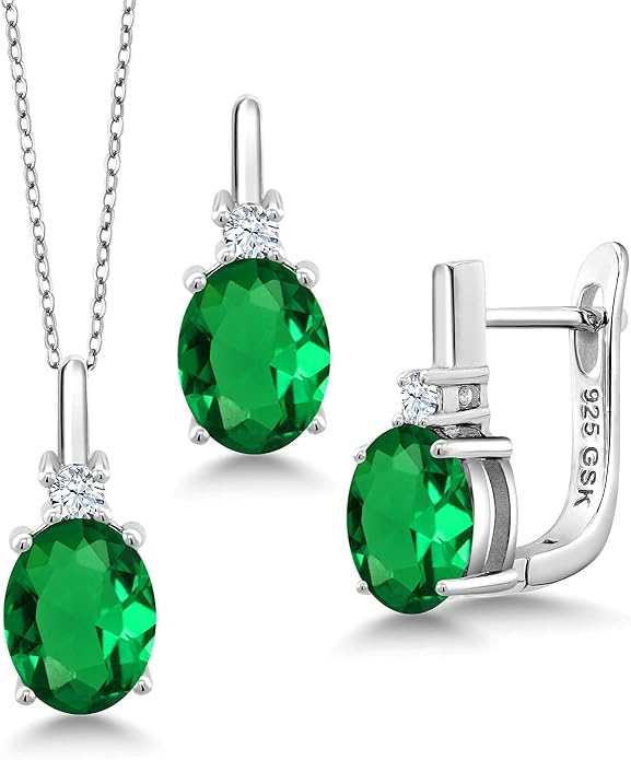 Gemstone Birthstone and White Created Sapphire Pendant and Earrings Jewelry Set for Women in 925 Sterling Silver | Oval 8X6MM and Round 2.5MM | With 18 Inch Chain | Fine Jewelry for Her Mom Women Wife