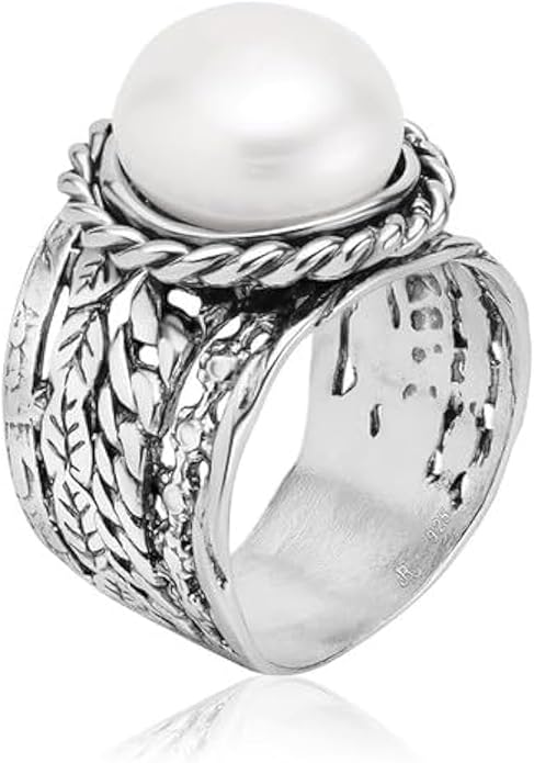 JEAN RACHEL JEWELRY 925 Sterling Silver Ring - Braid & Leaf Vintage Design with Pearl Statement Ring - Hypoallergenic, Lead and Nickel Free Rings for Women - Artisan Handcrafted Collection