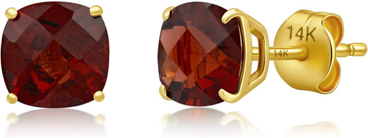 14k Gold 6MM Cushion Cut Stud Gemstone Earrings | Hypoallergenic Solitaire Gemstone Studs with 14K Gold Backs | Lightweight Birthstone Earrings with Gift Box by MAX + STONE