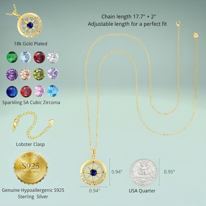 Compass Necklace for Women Wife Girlfriend Mom Daughter Gifts S925 Silver Jewelry For Anniversary Rose Gold Gifts For Birthday Christmas Mothers Valentines Day 12 Birthstones