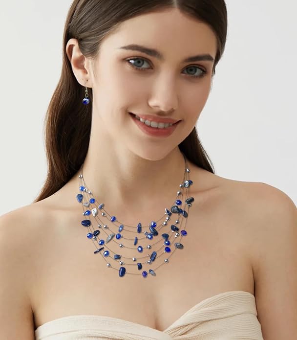 Multi-Layer Boho Shell Beaded Necklace for Women Colorful Crystal Strand with Silver Beads Statement Collars Necklace and Earrings Costumes Jewelry Sets for Women