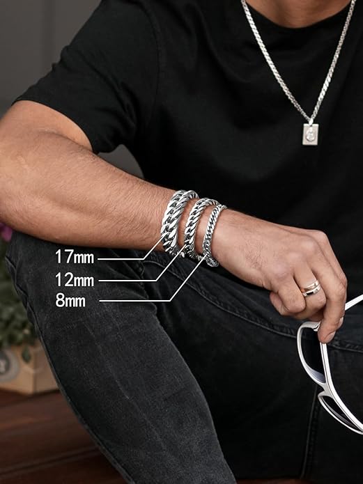 8/12/17mm Wide Cuban Link Bracelet for Men Father Gift 18K Gold/Black Plated Stainless Steel Bracelets 7.4-9 Inches(Gift Wrapped)