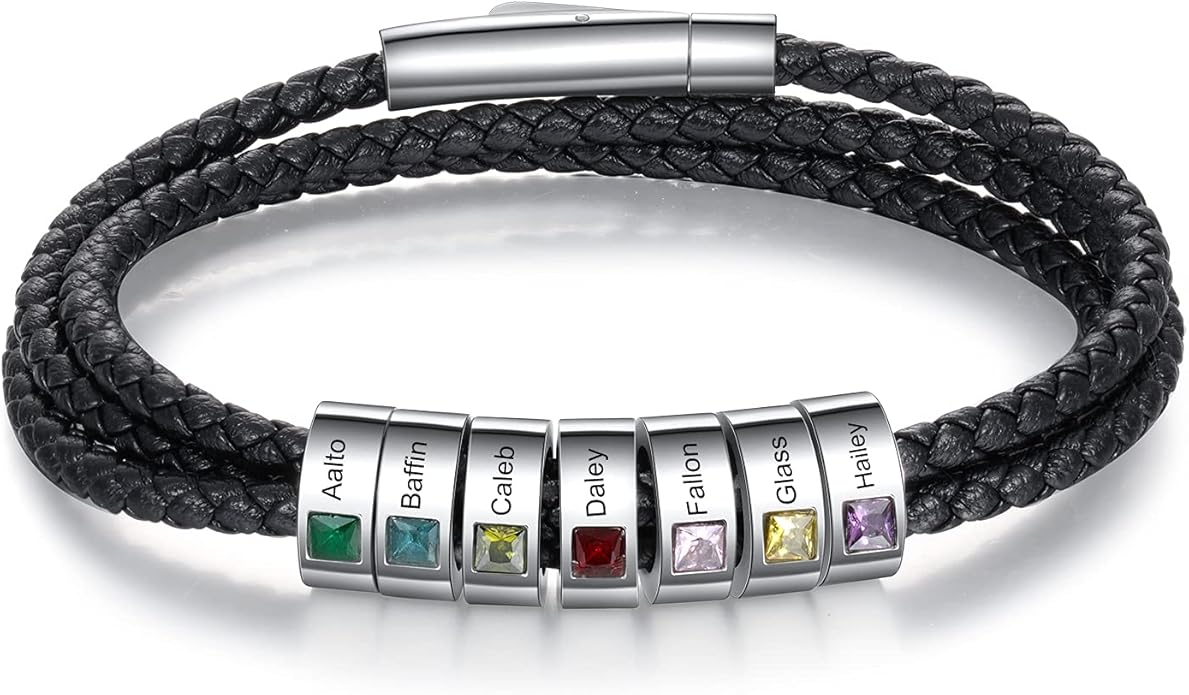 kaululu Custom Leather Bracelet for Men with 1/2/3/4/5/6/7/8 Birthstones Engraved Stainless Steel Beads Personalized Names Bracelet for Father's Day Christmas Thanksgiving Gift for Men