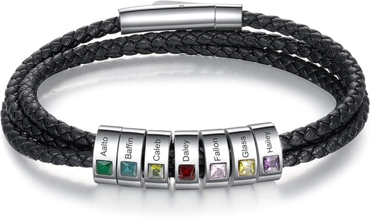 kaululu Custom Leather Bracelet for Men with 1/2/3/4/5/6/7/8 Birthstones Engraved Stainless Steel Beads Personalized Names Bracelet for Father's Day Christmas Thanksgiving Gift for Men