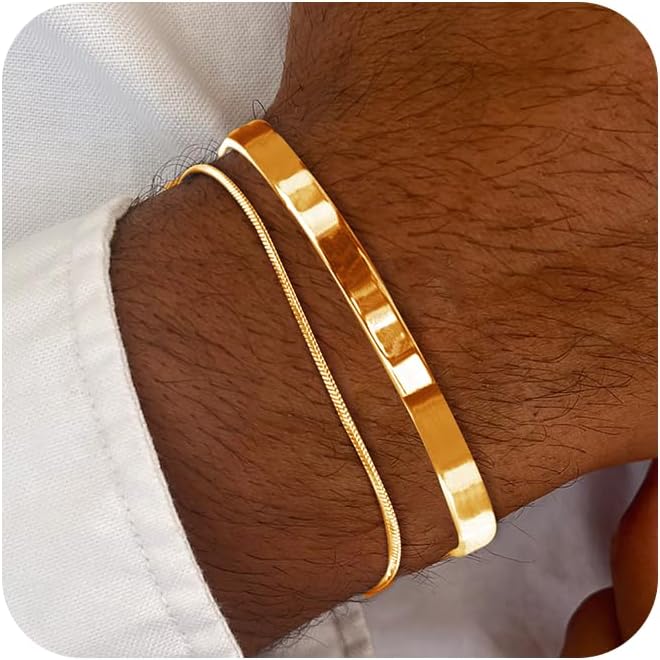 Moodear Stackable Bracelets for Men - Dainty 925 Sterling Silver/14K Gold Plated Cuff Snake Box Cuban Link Chain Bangle Bracelet Set Mens Jewelry