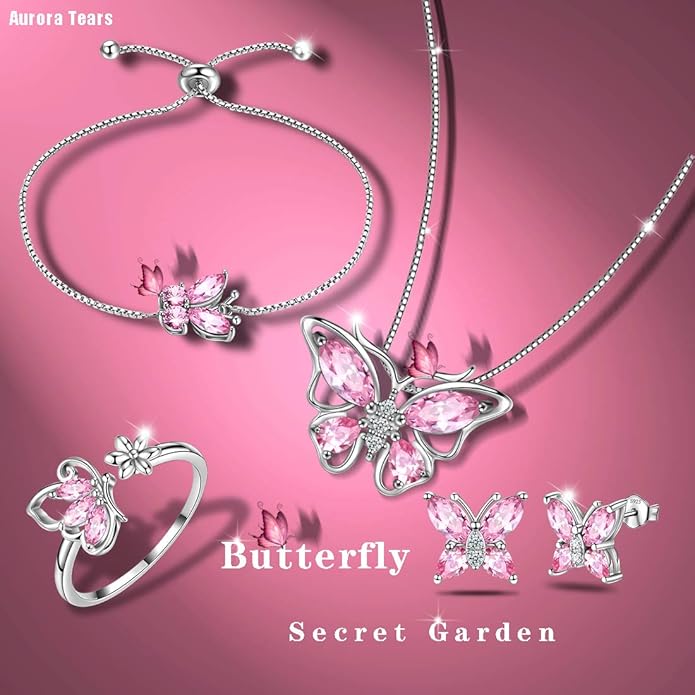 Aurora Tears Butterfly Jewelry,Women 925 Sterling Silver Butterflies Birthstone Pendant Necklace/Earrings/Rings Wedding Gift