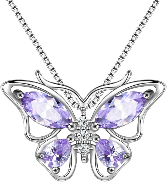 Aurora Tears Butterfly Birthstone Pendant Necklace - Women 925 Sterling Silver Butterflies Birthstone Pendant Necklace Jewelry Birthday Gift for Women