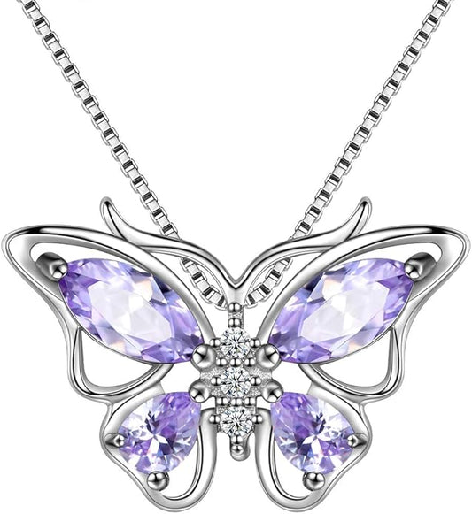 Aurora Tears Butterfly Birthstone Pendant Necklace - Women 925 Sterling Silver Butterflies Birthstone Pendant Necklace Jewelry Birthday Gift for Women
