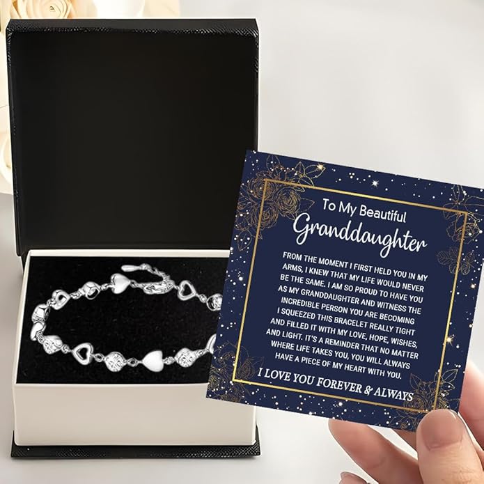 To My Granddaughter Heart Bracelet, Meaningful Jewelry Gift, Bracelet For Granddaughter from Grandma Grandpa with Message Card and Box on Christmas, Birthday, Graduation, Bracelets For Women