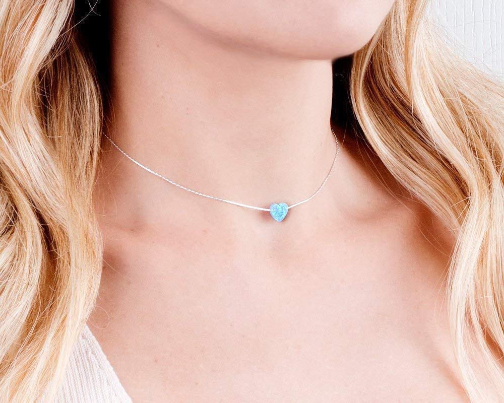 Sterling Silver Choker Necklace with Blue Opal Heart - Designer Handmade Collar Chain for Women- Length: 13.5 inch + 3 inch Extender (sterling silver, blue)