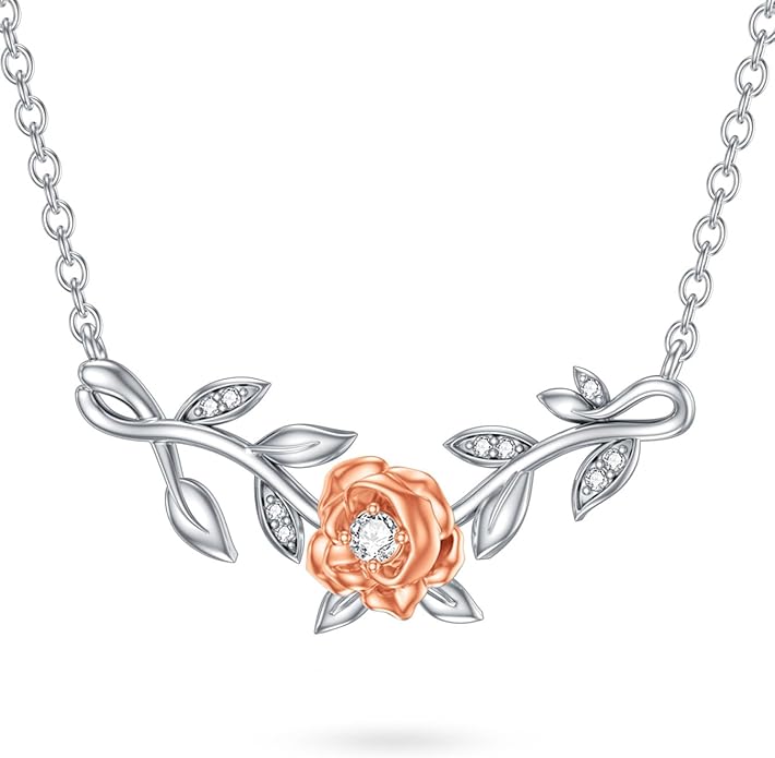1/20 Carat Diamond Rose Necklace for Women 925 Sterling Silver Rose Flower Vine Pendant Necklaces 18K Gold Plated Fine Jewelry