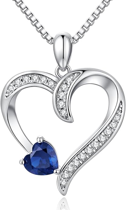 Love Heart Necklace for Women, 925 Sterling Silver Cubic Zirconia Birthstone Heart Pendant Jewelry Gift for Mom, Mother, Wife, Girlfriend on Birthday, Mother's Day, Chain 18 inch