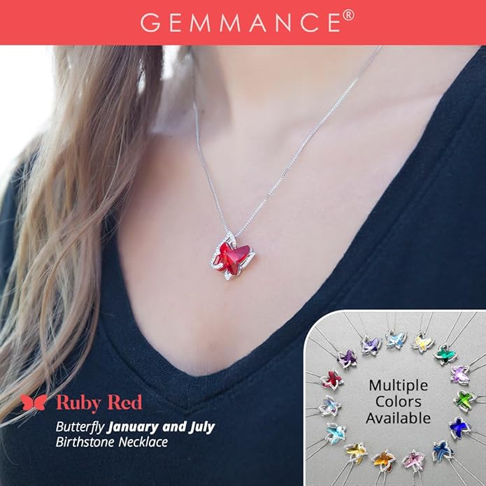 Gift Butterfly Birthstone Crystal Necklace, Silver Tone with 18”+2” Chain, Necklace for Mother’s Day Anniversary Birthday Gifts for Women and Daughter