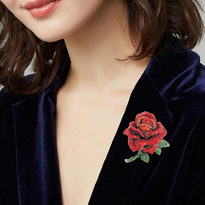 Premium Rose Flower Brooch for Women Red Blue Rhinestone Crystal Rose Brooch Big Flower Lapel Pin Clothing Hat Bag Accessories Wedding Valentine's Day Christmas Jewelry
