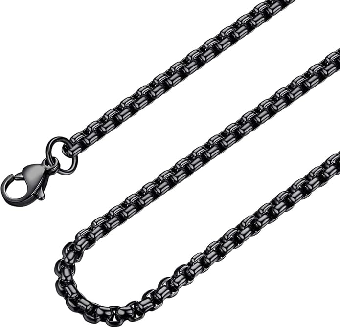 Bowisheet Black Square Rolo Chain Stainless Steel Round Box Chain Necklace Men Women