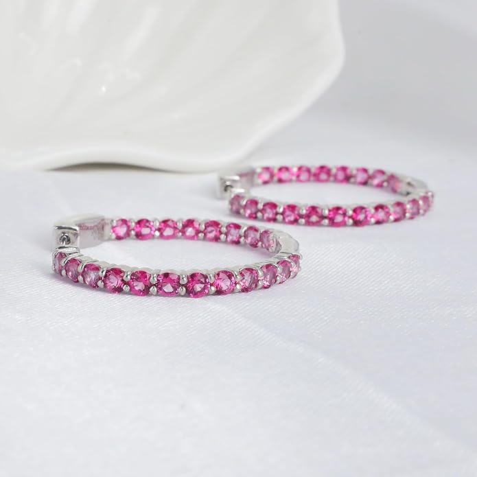 Hoop Earrings with 40 Colored Gemstones, Birthstone Earrings, 925 Sterling Silver Rhodium Plated, Push Back Closure, 1.18'