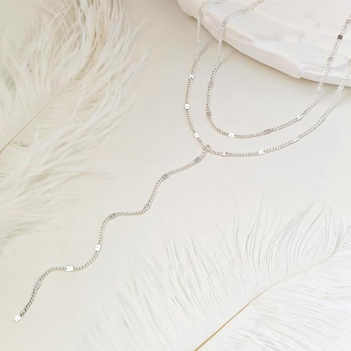 Lariat Gold Necklace for Women, Dainty Long Necklace 14k Gold Plated/Silver Y-Shaped Layered Beaded Chain Drop Necklaces for Women Trendy Simple Gold Jewelry for Women Gifts