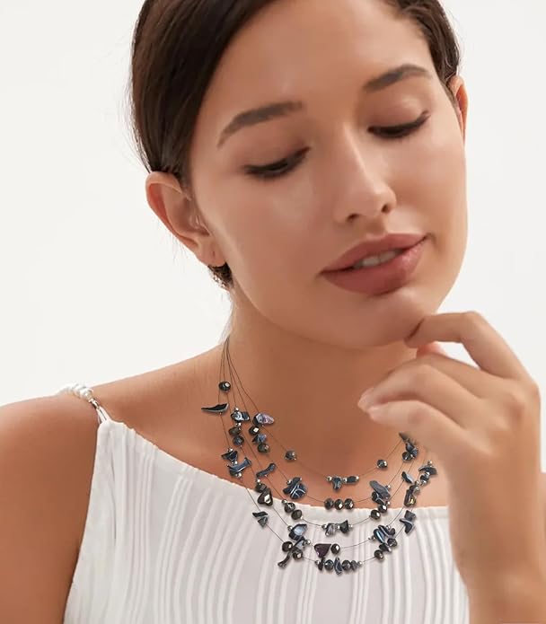 Multi-Layer Boho Shell Beaded Necklace for Women Colorful Crystal Strand with Silver Beads Statement Collars Necklace and Earrings Costumes Jewelry Sets for Women