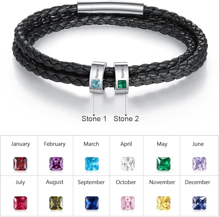 kaululu Custom Leather Bracelet for Men with 1/2/3/4/5/6/7/8 Birthstones Engraved Stainless Steel Beads Personalized Names Bracelet for Father's Day Christmas Thanksgiving Gift for Men