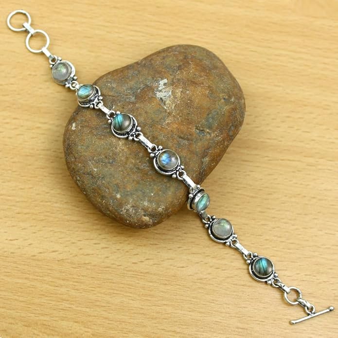 Round Shape Natural & Synthetic Gemstones Silver Plated Bracelets for Women - Vintage Bohemian Style Handmade Birthstone Adjustable Link Bracelet Jewelry Gifts for Wedding Anniversary Mother's Day