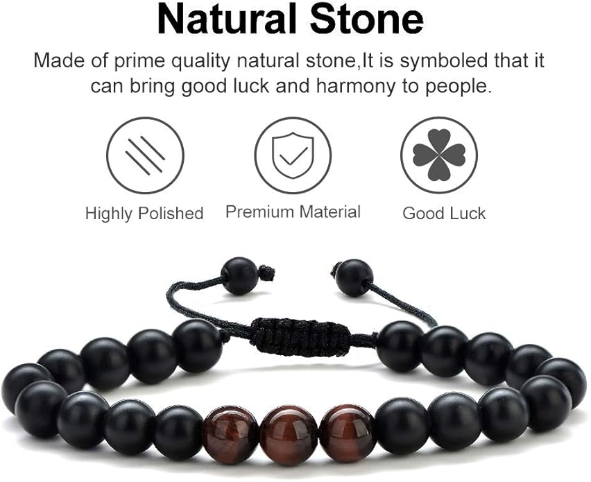 M MOOHAM Natural Stone Bracelets for Men - 8mm Tiger Eye, Matte Agate, Lava Rock - Teen Boys Gifts for Birthday, Anniversary, Christmas