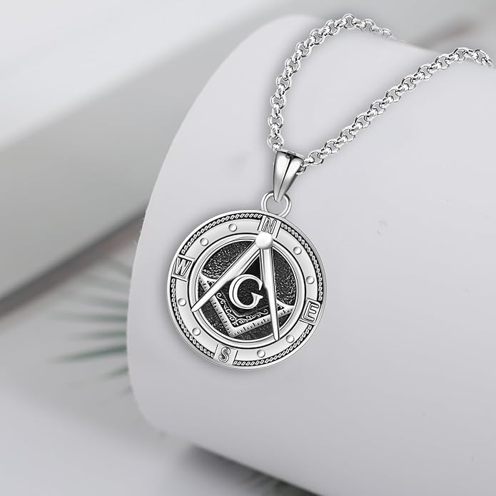 LES OSEWA Compass Necklace for Men Sterling Silver Compass Pendant Masonic Viking Necklace Travel Amulet Necklace Inspirational Graduation Jewelry Gifts for Women