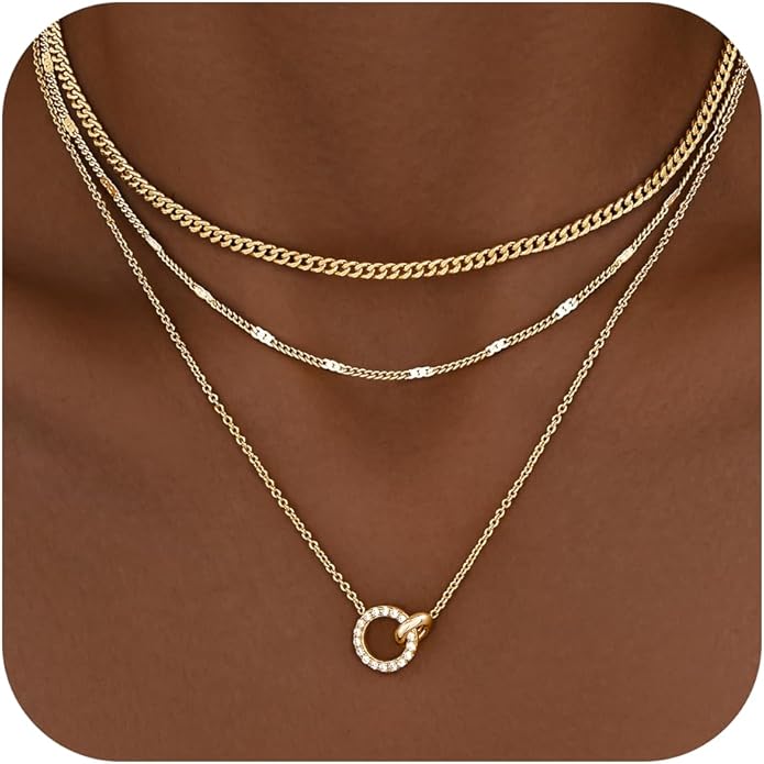 WomenGifts Layered Gold Necklaces for Women, 14K Gold Sterling Silver Plated Dainty Pendant Necklace Set with Cubic Zirconia Circle, Chunky Stackable Cuban Chain Choker, Trendy Personalized Birthstone Jewelry Gift Non Tarnish