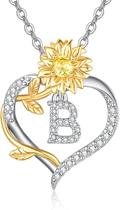 AENEAS Sunflower Initial Necklace for Women Gold Plated Sterling Silver Letter Heart Pendant Jewelry Gift for Mom Wife Birthday Anniversary Christmas