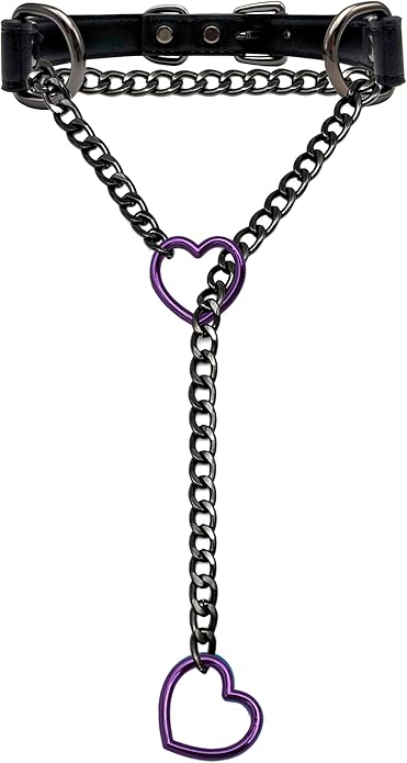 Black Leather Choker Collar For Women, Handmade Heart Slip Chain Choker Long Necklace with Adjustable Buckle