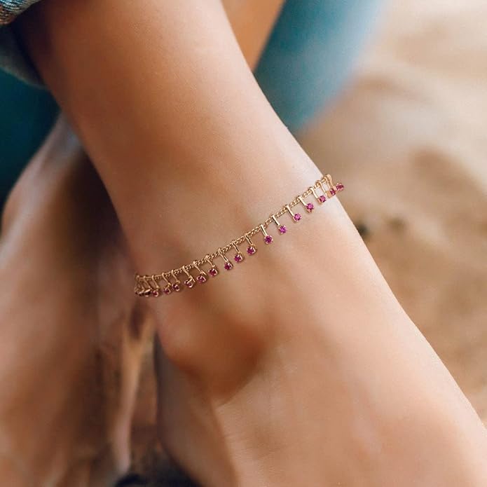 MTMY Gold Anklets for Women 14K Gold Plated Tiny Bead Anklet Colorful Tassel Foot Chain Dainty Adjustable Cute Summer Beach Boho Anklets Jewelry Gift