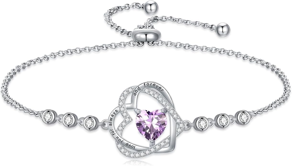 TOUPOP Heart Birthstone Bracelet 925 Sterling Silver Double Heart Bracelet Love You for Always and Forever Jewelry Anniversary Birthday Christmas Gifts for Women Wife Her